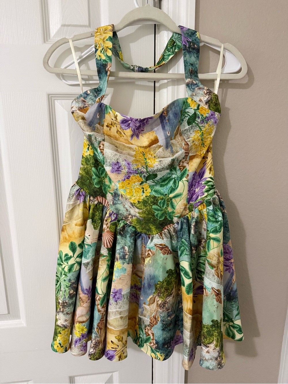 Floral Halter Mini Dress in Yellow, Green & Purple